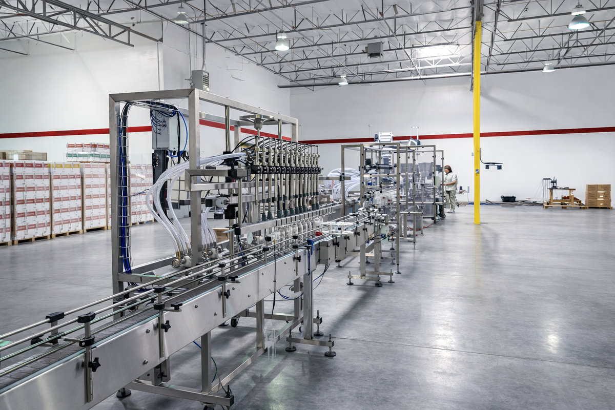 Complete liquid packaging line with conveyors, automation, and downstream equipment in a large warehouse facility.