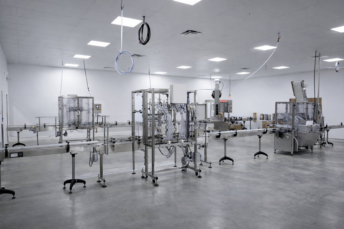 Clean filling room with stainless steel conveyors and liquid filling equipment prepared for packaging operations.