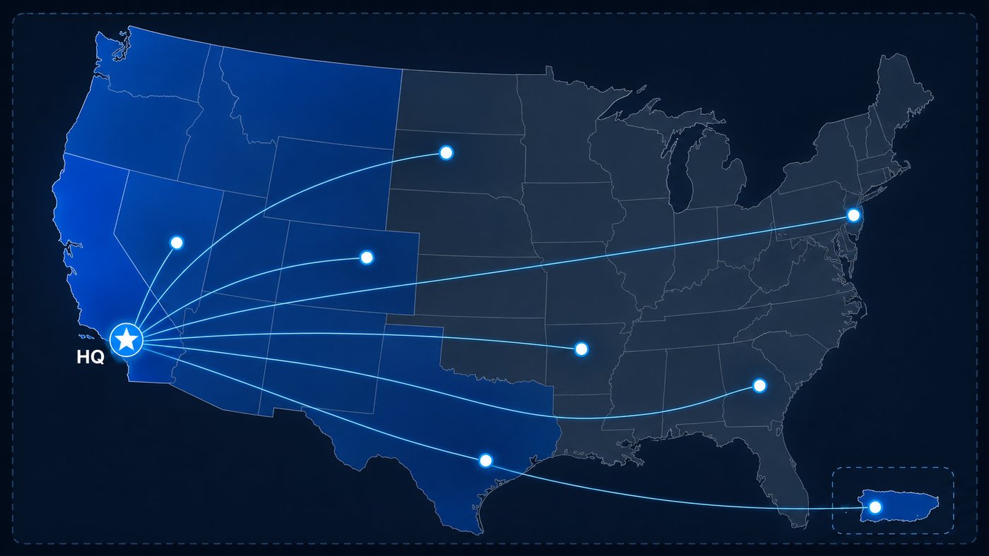 Map of the United States showing Flowtek North America headquarters in Los Angeles with installation and service locations across the country and Puerto Rico.