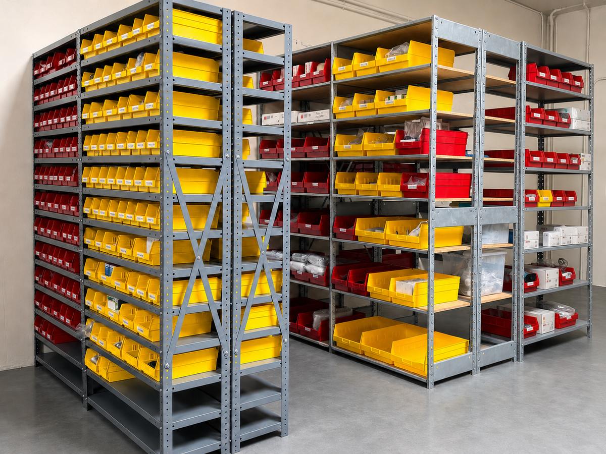 Flowtek spare parts inventory: labeled bins of wear and replacement components stocked at the Cerritos facility.