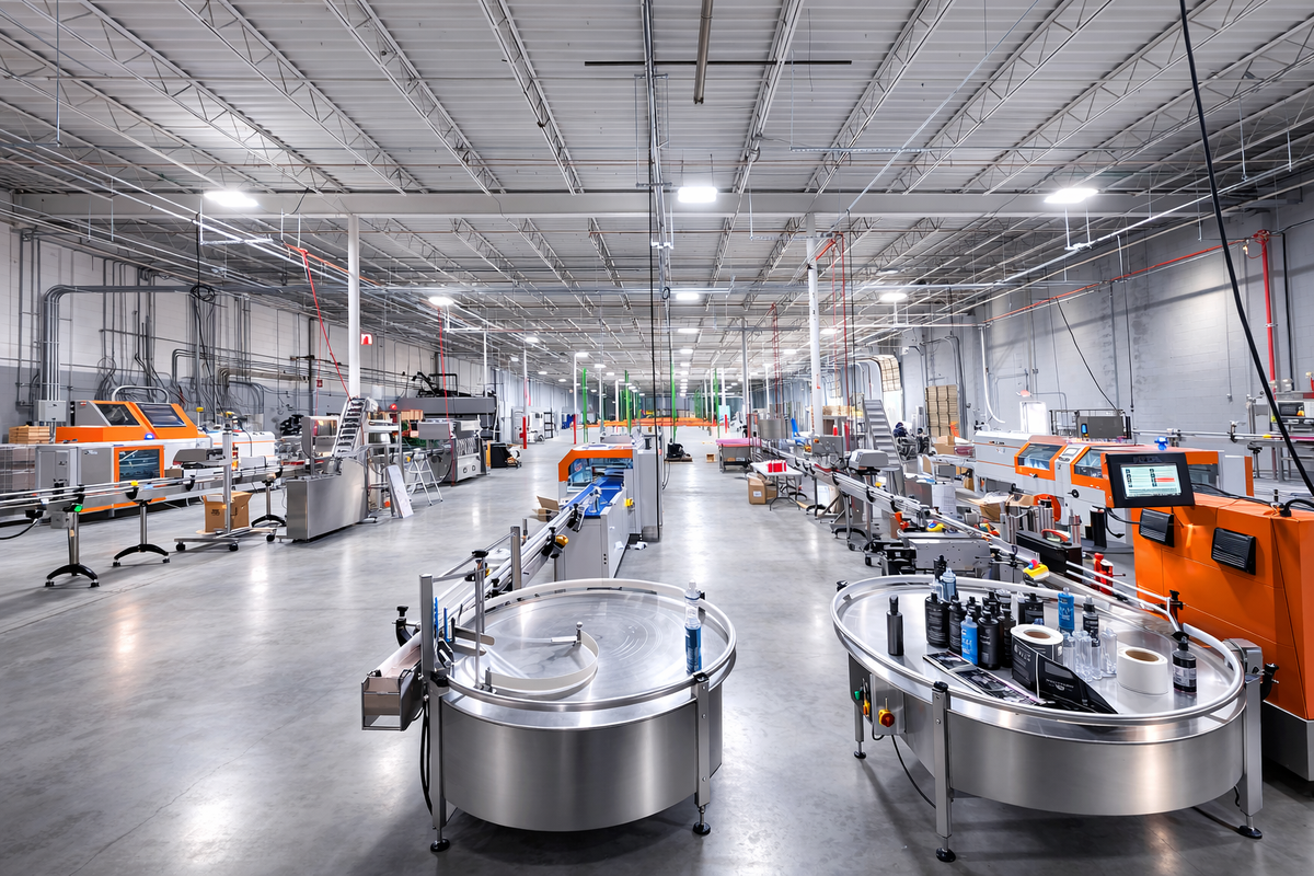 Wide view of a modern industrial production floor with three packaging automation lines and filling equipment.