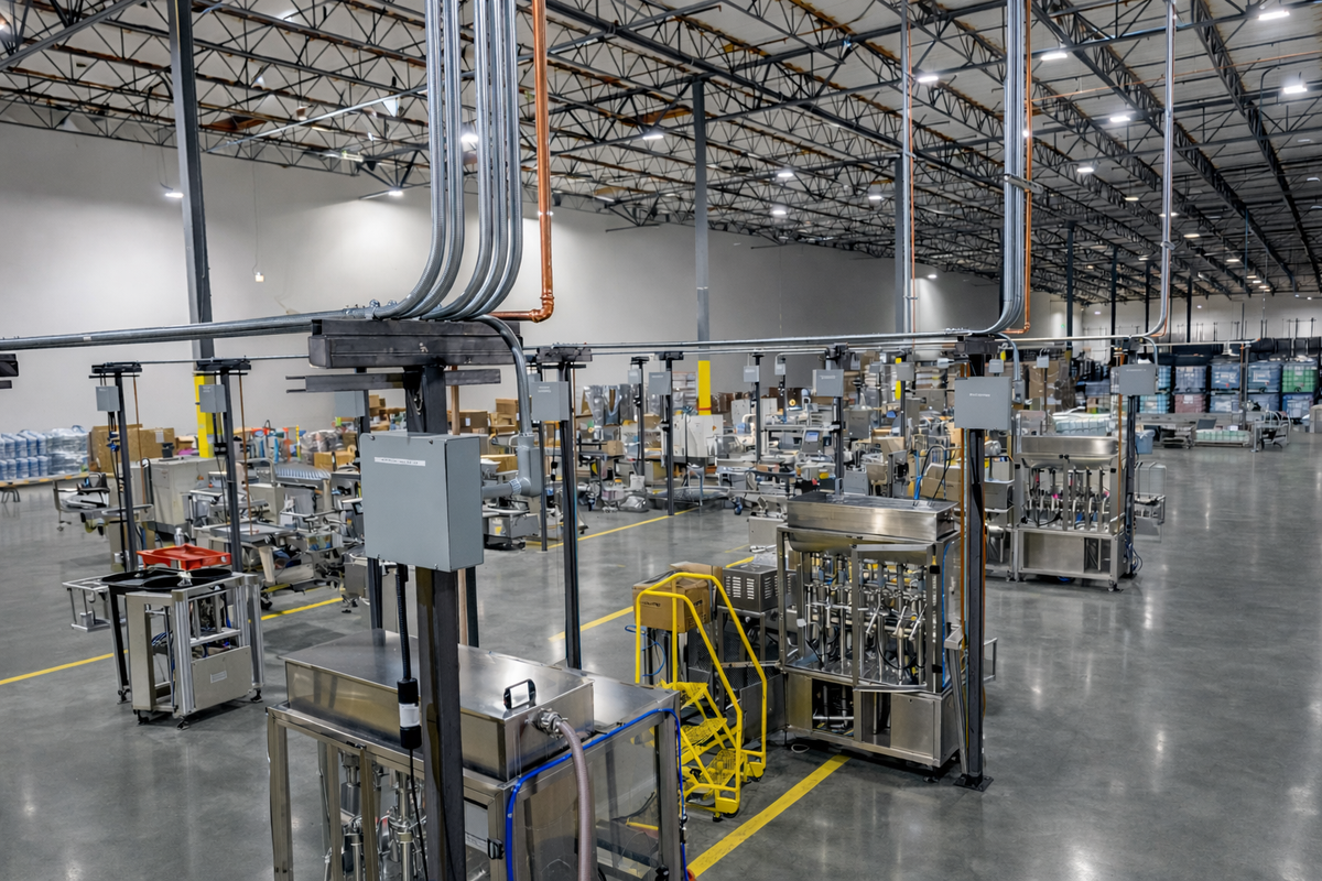 Utility distribution and electrical infrastructure supporting industrial packaging and process equipment.